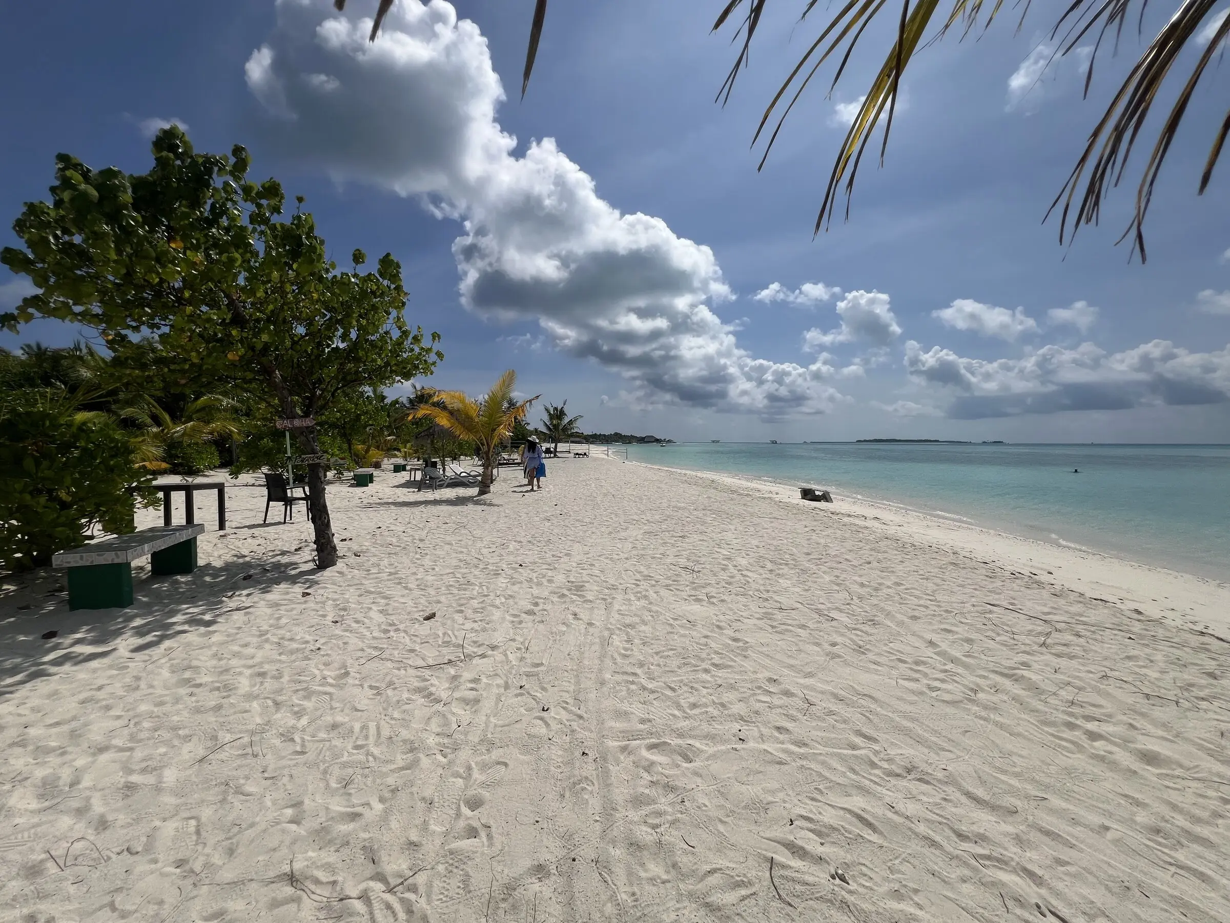 Wide white-sand beach under a bright sky at Maamigili
